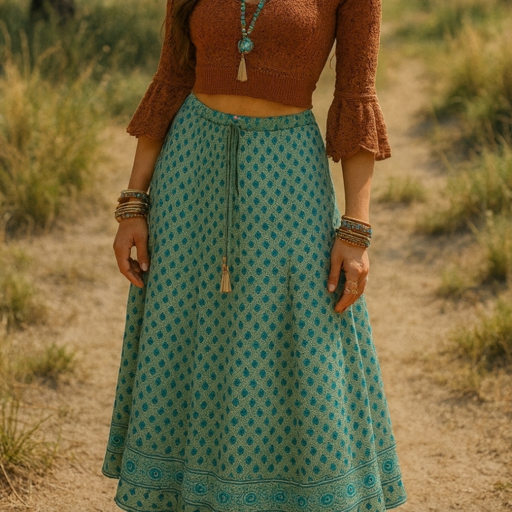 Silk Blend Bohemian Maxi Skirt Blue Tones  Medium